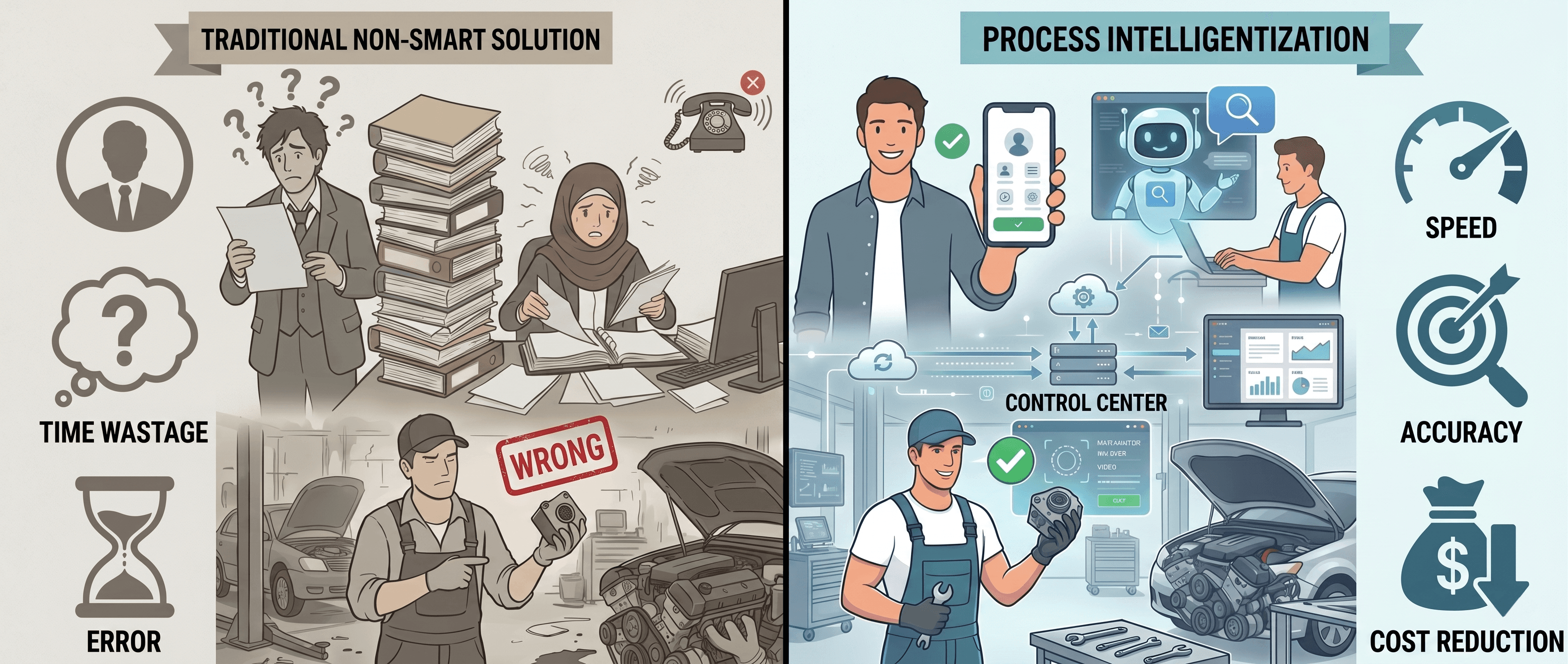 Side-by-side comparison of the traditional vs. intelligent service process